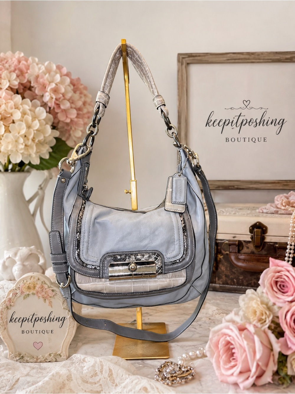 Coach Kristen Spectator Pale Blue Leather Hobo Bag with Croc-Trim Accents - Picture 1 of 10
